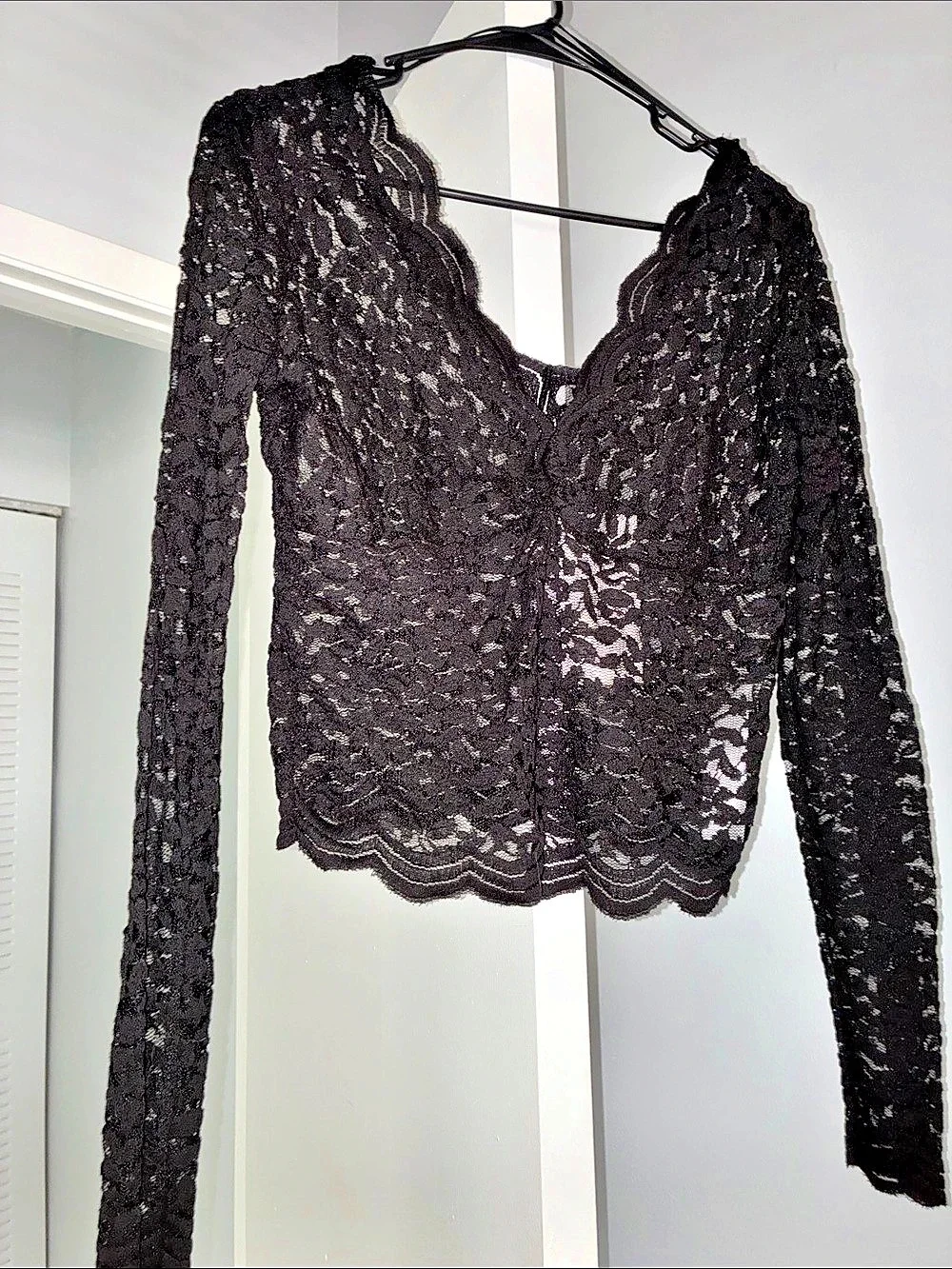 Zara Black Sheer Lace Long Sleeve Crop Top- size Large